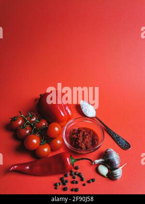 Essen, Gewürze, Knoblauch und ein Löffel sind auf rotem Hintergrund ausgelegt Stockfoto