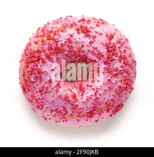 Frisch gebackener rosa Donut isoliert auf weißem Hintergrund, Draufsicht Stockfoto