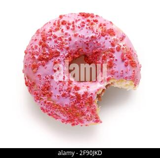 Gebissen rosa Donut isoliert auf weißem Hintergrund, Draufsicht Stockfoto