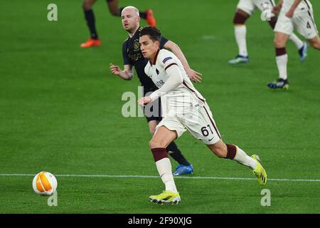 Rom, Latium. April 2021. Riccardo Calafiori von Roma bei der Rückkehr des Viertelfinales des Fußballspieles der Europa League ALS Roma gegen Ajax im Olympiastadion in Rom, Italien, am 15. April 2021. Fotografo01 Credit: Independent Photo Agency/Alamy Live News Stockfoto