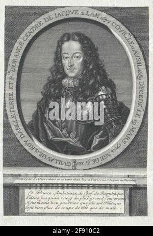 Wilhelm III., Prinz von Orania, König von England als König: Halbfigur, von links ins Gesicht; mit allon Perücke; Lacy jabot; in Harnic mit Blasdekor auf der Brust, teilweise verdeckt durch Umhang um rechte Schulter, Rücken und linke Hüfte; in ovaler Umrahmung mit einem Franzosen. Schnupfen; an Bord mit Vorspannpodest, an der Spitze Bezeichnung des Kupferstachels und Staffelung, an der Vorderseite vier FRZ. Verse; rechteckiger Schrock. Kupferstich von Etienne Desrochers, Paris, um ihn auch zu kaufen. Stockfoto