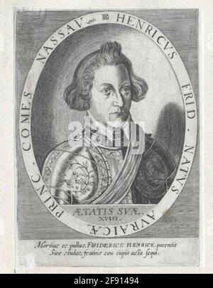 Friedrich Heinrich, Prinz von Oranien, Graf von Nassau im 18. Lebensjahr: Brustbild, halb rechts; BARHAUPT; mit einfachem Kragen; in Großbarik; Feldverband um die linke Schulter; im geschlüpften Unteregment-Latein. Alter; in ovaler Rahmung mit Latein. Verkoster; rechteckige, schraffierte Rahmungsumgebung; unterhalb der Darstellung Latein. Distichon. Kupferstich, ohne Abschluss (Dominikus Custos zugeschrieben). Stockfoto