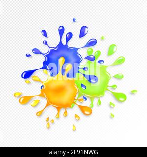 Glitter-Glitter-Spritzer. Orangefarbener, grüner und blauer Schleim funkelt. Realistische, glänzende 3d-Tropfen und -Blots. Stock Vektor