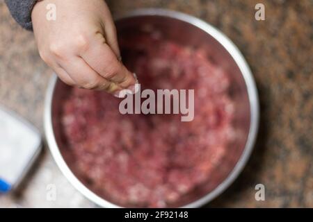 Der Schuss eines Kochs, der dem Hackfleisch Salz hinzufügt In einer Schüssel Stockfoto