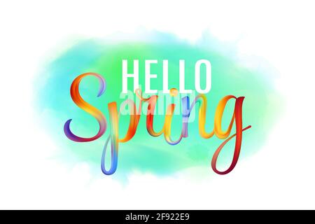 Hello Spring Hand Lettering Phrase auf Aquarell Imitation Farbe Splash. Modernes Kalligraphie inspirierendes Zitat. Vektorgrafik. Stock Vektor