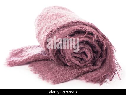 Warm gestrickter rosa Schal isoliert auf weißem Hintergrund Stockfoto