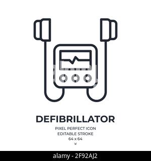 Defibrillator bearbeitbares Kontursymbol isoliert auf flacher Vektorgrafik mit weißem Hintergrund. Pixel perfekt. 64 x 64. Stock Vektor