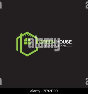 Green House Logo.Real Estate Logo Ideen Konzept für Öko-Haus Isolierter schwarzer Hintergrund Stock Vektor