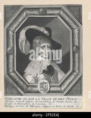 Wilhelm II., Prinz von Oranien, Graf von Nassau als Knabe, mit falscher Legende, die sich auf seinen posthum geborenen Sohn Prinz Wilhelm Heinrich bezieht (Wilhelm III.) Por0063643 01; Wilhelm II. Ist bereits 14 Jahre alt): Brustbild, Hälfte rechts; mit besprengtem Hut; Schulterkragen mit gelappter Spitze, Nackenbrücke; in WAMS mit geschlitzten Ärmeln; In achteckiger Rahmung mit Klingenfaden, mittig rund, unten mit gekrönten Wappen in hellovalem Design; rechteckige Verlängerung mit vier Ziehecken; unterhalb der Präsentation vierzeilig Franz. Legende. Kupferstich, mito Stockfoto