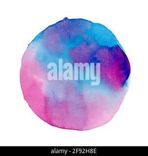 Abstraktes Aquarell-Handgemälde in Kreisform für den Textnachrichtenhintergrund. Bunte Spritzer im Papier. Perfekt für Branding, Grüße, w Stockfoto