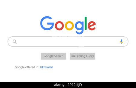 VINNYTSIA, UKRAINE - APRIL 16 2021: Google Suchleiste. Mockup des Bildschirms der Desktop-Suchleiste mit Google-Logo und Google Voice Search-Symbol. Vektorgrafik Stock Vektor