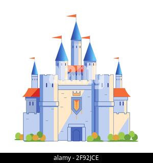 Mittelalterlicher Burgturm. Feenschwanz, König Festung Burg und befestigter Palast mit Tor. Cartoon Vektorgrafik isoliert auf weißem Hintergrund. Stock Vektor