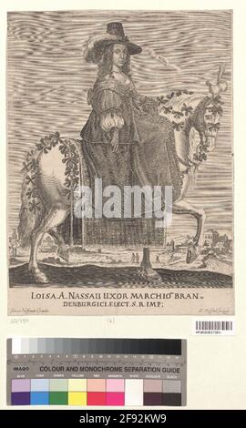 Luise Henriette, Prinzessin von Orania, Gräfin von Nassau zu Pferd: Ganze Figur, halb rechts, Körper im Damensitz auf Sattelpolster an der rechten Seite; mit gesprenkeltem Hut, langen Haarschlössern, Perlenkette; in Dekoll. Reitkostüm mit Schmuckschlaufe auf Brust, Rücken und auskragenden Ärmeln; müde; Reiten rechts, Zügel links; das Pferd verziert mit Fransen-Schleifen und Federn auf der Kruppe; im Hintergrund rechts deine Stiftung Oranienburg. Unterhalb der Darstellung lat. Legende, die untere linke Verlegernotiz, rechte Stecherbung. Kupferstich von Peter Trochel, bewegt von Johan Stockfoto