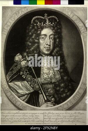 Wilhelm III., Prinz von Orania, König von England als König von England etc. Im Kronornat: Fast halbe Figur, etwas von rechts; mit Krone auf allon Perücke, Top-Jabot; Mantel und Collanes aus Hosenband-Ordnung; Zepter rechts; in getrimmtem, hellem ovalem Rahmen, mit lat. Legende umlaufend, mit gleichermaßen beschädigten äußeren Ecken; unterhalb der Darstellung Niederländisch. Verse von Jan Norel in zwei vierzeiligen Spalten; lateinisch unten. Künstler und Verleger Notiz und Privilegien der Stände von Holland und Westfriesland. Verjüngung von Pieter Schenk im eigenen Verlag Amsterdam. Stockfoto