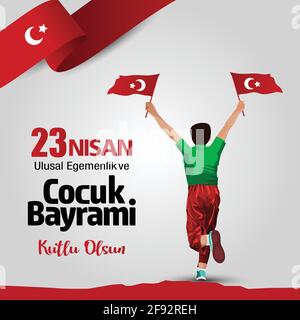 23 Nisan Ulusal Egemenlik ve Cocuk Bayrami. Nationale Souveränität und Kindertag. Türkei Junge läuft mit Flagge. vektor-Illustration. Stock Vektor