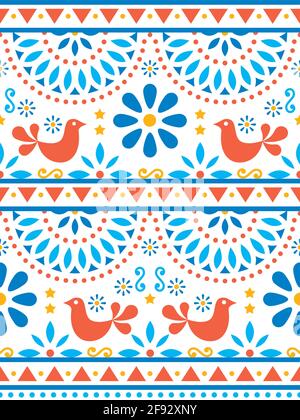 Mexikanische Volkskunst Vektor nahtloses Muster mit Vögeln und Blumen, Textil- oder Stoffdruck Design inspiriert von der traditionellen Kunst aus Mexiko Stock Vektor