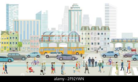 Stadt Silhouette mit Straßenverkehr und erhöhten Zug, Menschen auf dem Bürgersteig Stock Vektor