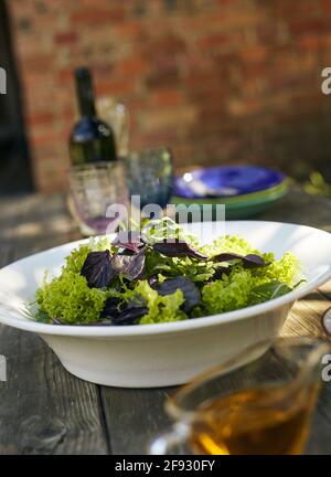 Frische Salatmischung aus Rucola-Blättern, Basilikum und Lämmersalat. Salatschüssel, gesundes Essen. Komposition in einem weißen Teller auf einem alten Holztisch Stockfoto