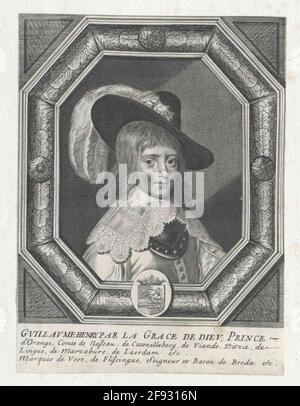 Wilhelm II., Prinz von Oranien, Graf von Nassau als Knabe, mit falscher Legende, die sich auf seinen posthum geborenen Sohn Prinz Wilhelm Heinrich bezieht (Wilhelm III.) Por0063643 01; Wilhelm II. Ist bereits 14 Jahre alt): Brustbild, Hälfte rechts; mit besprengtem Hut; Schulterkragen mit gelappter Spitze, Nackenbrücke; in WAMS mit geschlitzten Ärmeln; In achteckiger Rahmung mit Klingenfaden, mittig rund, unten mit gekrönten Wappen in hellovalem Design; rechteckige Verlängerung mit vier Ziehecken; unterhalb der Präsentation vierzeilig Franz. Legende. Kupferstich, mito Stockfoto