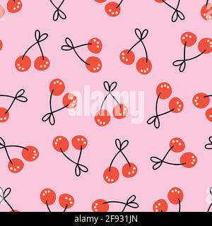 Nahtloses Vektormuster „Cherry“. Handgezeichnete einfache Kirschen rot-schwarz auf rosa Hintergrund. Wiederholende Sommerfrucht Hintergrund Doodle Stil. Oberflächenmuster Stock Vektor