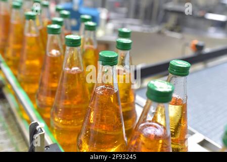 apfelsaft in Glasflaschen in einer Fabrik für die Lebensmittelindustrie - Abfüllung und Transport Stockfoto