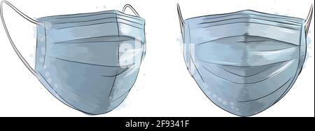 Medizinische Maske, chirurgische Maske, Virus- und Infektionsschutz vor einem Spritzer Aquarell, farbige Zeichnung, realistisch. Vektordarstellung von Farben Stock Vektor