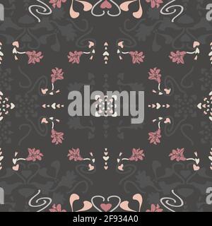 Nahtloses Muster floral mit Lilienblumen und Herzen. Dunkelgrau, rosa, cremefarben elfenbein und pastellorange. Vektor. Stock Vektor