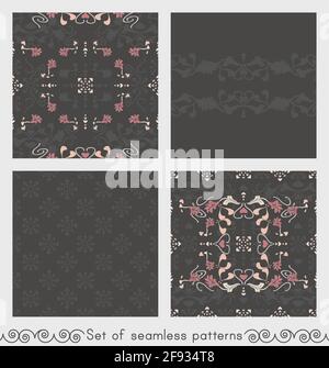 Set von nahtlosen Mustern floral mit Lilienblumen und Herzen. Dunkelgrau, rosa, cremefarben elfenbein und pastellorange. Vektor. Stock Vektor