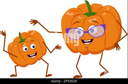 Niedliche Kürbis-Zeichen lustige Großmutter und Enkel, Arme und Beine. Der lustige oder glückliche Held, oranges Herbstgemüse. Halloween-Dekorationen. Stock Vektor