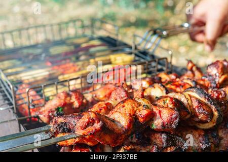 Saftige Fleischscheiben auf Spiessen und gegrilltes Gemüse auf einem offenen Grill. Stockfoto
