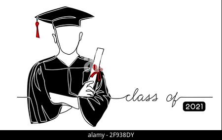 Graduierender Student mit Kappe, schwarzes Kleid, mit Diplom einfache Vektor-Hintergrund, Poster, Banner. Eine fortlaufende Linienzeichnung mit Text Stock Vektor