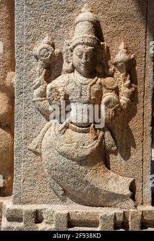 Skulptur des Matsya-Avatars im Vittala-Tempel, Hampi, Karnataka, Indien Stockfoto