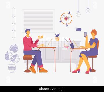 Kollegen am Arbeitsplatz kommunizieren und arbeiten am Computer. Büromitarbeiter, die in einer gemeinsamen Arbeitsumgebung von Open Space Office oder Coworki arbeiten Stock Vektor