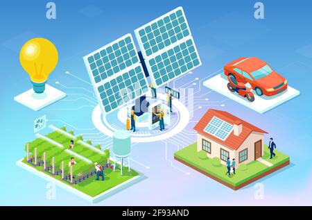 Vektor von einem Bauernhof, Haus und Auto, angetrieben von einer Solarpanel-Energie Stock Vektor