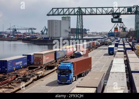 Köln, Nordrhein-Westfalen, Deutschland - Hafen von Köln Niehl, kombinierter Transport und Umschlag, Containerlagerung am Containerterminal. Stockfoto