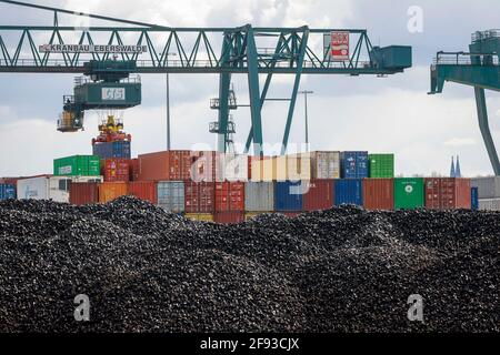 Köln, Nordrhein-Westfalen, Deutschland - Hafen Köln Niehl, Containerlager am Containerterminal, Hafenkran-Hebecontainer, Türme o Stockfoto