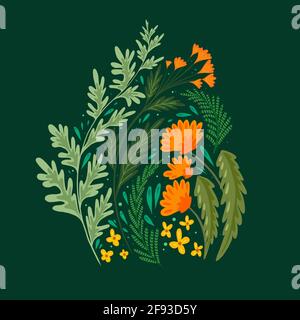 Flache Darstellung von Gras- und Blumenfeldern. Ein Bouquet aus Wermut, Fenchel, Dandelion und Johanniskraut auf dunkelgrünem Hintergrund. Vector Sommer und Stock Vektor