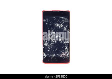 Nicht identifizierte Marke von Smartphone-Handy mit gebrochenem Glas. Altes gebrauchter Touchscreen-Gadget Stockfoto