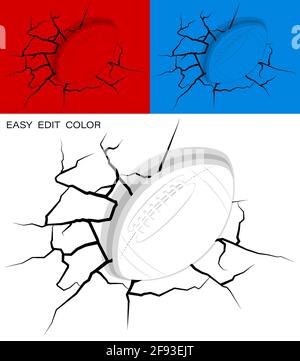Ball für American Football traf die Wand kraftvoll und beschädigt, Risse an der Wand. Sportliches Design. Aktiver Lebensstil. Vektor auf weißem oder farbigem Hintergrund Stock Vektor