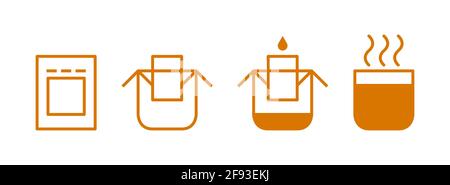 Anweisungssymbole für Tropfbeutel zum Brühen von Kaffee eingestellt. Schritt-für-Schritt-Anleitung zum Kochen Stock Vektor