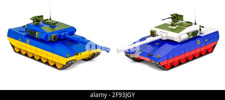 Ukraine und Russland kriegerischen Auseinandersetzungen, Konzept. 3D-Rendering auf weißem Hintergrund isoliert Stockfoto