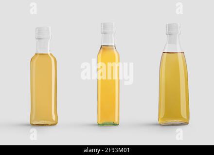 Transparente Flasche aus Mockup-Glas mit Oliven-, Sonnenblumenöl, isolierte Verpackung mit goldener Flüssigkeit. Set von Co-Trainern mit Deckel für die Designpräsentation. Stockfoto