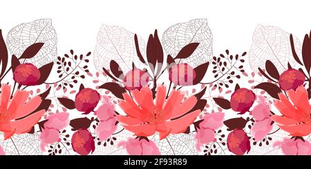 Vektor florales Nahtloses Muster, Rand. Rosa, rote Blüten, Knospen, braune Blätter Stock Vektor