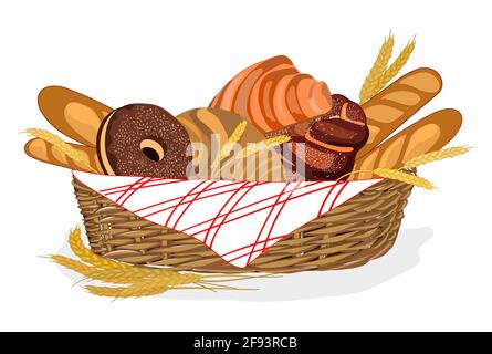 Bäckereikorb. Frisches, süßes Brot im Korb. vector Stock Vektor