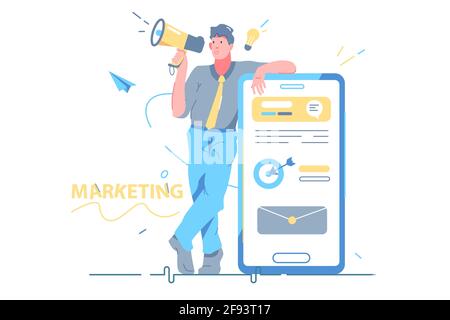 Mann mit Smartphone Digital Marketing Stock Vektor