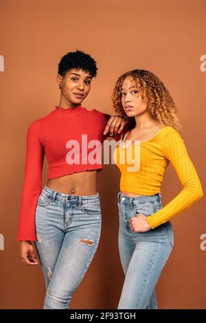 Stock Foto von schönen afro Frauen posiert im Studio vor braunem Hintergrund geschossen. Stockfoto