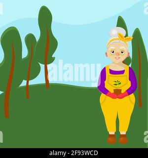 Eine ältere Frau im Wald. Großmutter. Charakter einer alten Frau. Freizeit für Rentner. Vektorgrafik Stock Vektor