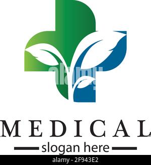 Medizinisches Kreuz und Kräuterblatt. Medizin Apotheke Logo. Medizinische Gesundheit Symbol. Kräuter Gesundheit Logo. Natur Logo. Stock Vektor