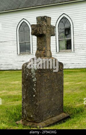 Altes Moos bedeckter Grabstein auf einem Friedhof einer abaonierten Kirche. Stockfoto