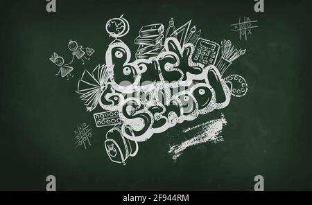 Zurück in die Schule . Kreidezeichnung auf einem Schulbrett. Satz von Schulartikeln. Vektorgrafik Stock Vektor